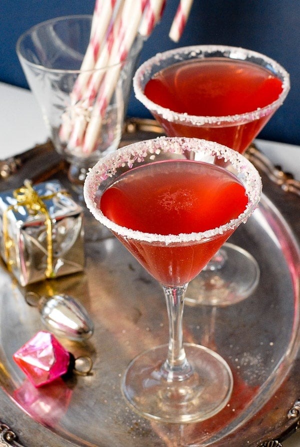 candy-cane-martini Red cocktail served on a salt rimmed glasses.