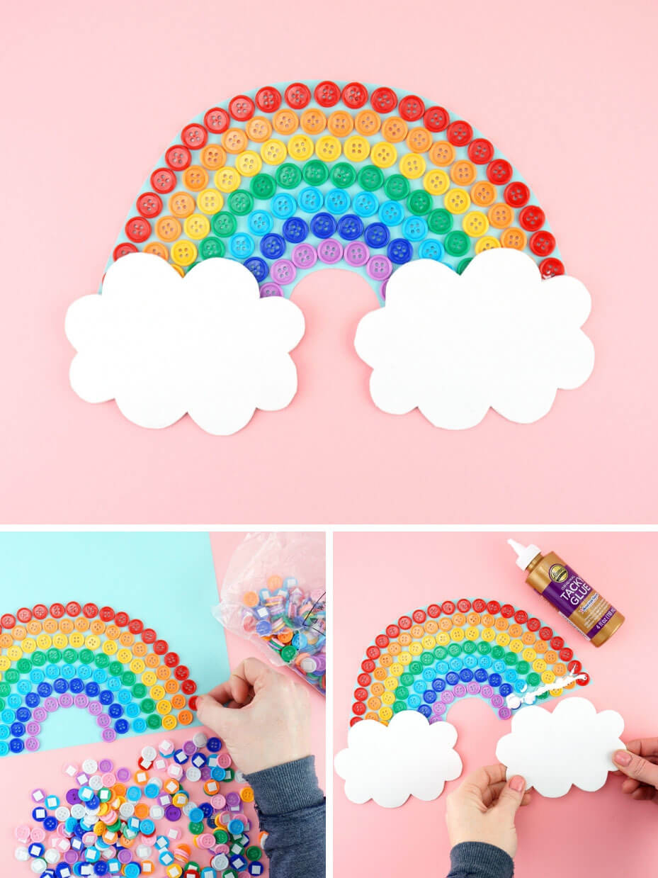 A child's hand gluing colorful buttons onto a paper rainbow.