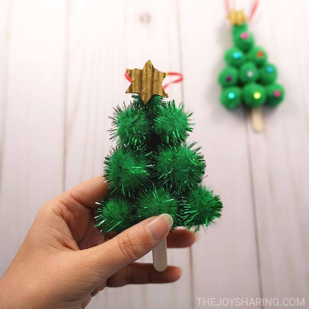 cutest-christmas-tree-ornament-from-pom-pom Easy Christmas Ornaments Crafts For Toddlers