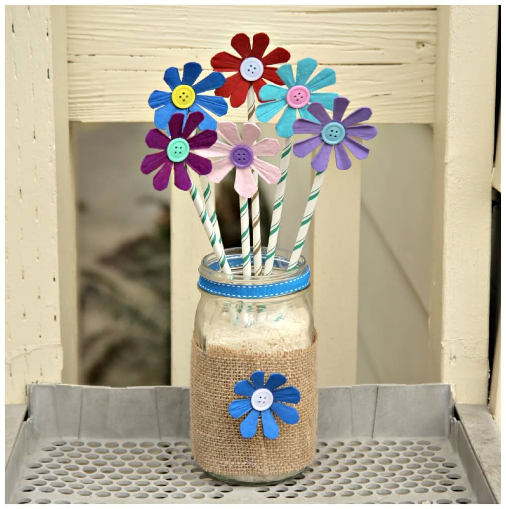 diy-egg-carton-flower-button-craft-using-recycled-jar-and-straws  DIY Egg Carton Flower Button Craft Using Recycled Jar & Straws