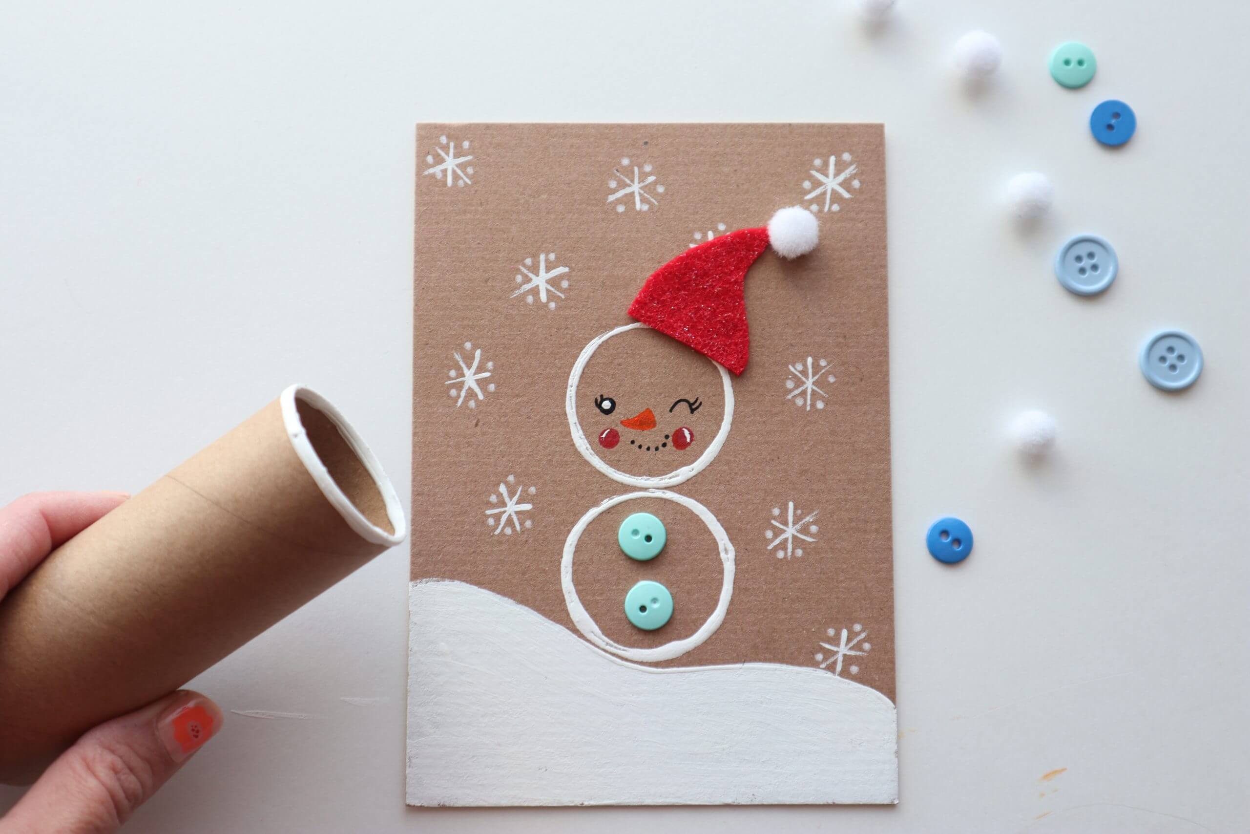 felt-snowman-winter-craft-using-toilet-paper-roll-buttons-pom-pom-and-cardboard-paper Felt Snowman Winter Craft Using Toilet Paper Roll, Buttons, Pom Pom & Cardboard Paper