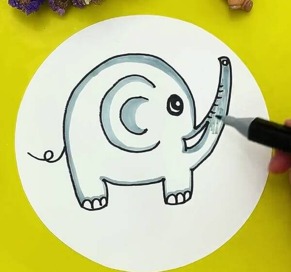 Coloring Elephant Using A Gray Color Sketch Pen-Step-by-Step Instructions for Drawing a Sweet Elephant