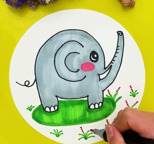 Putting Small Dots Above Flower Plants To Create Flowers-Learn How to Make a Cute Elephant Drawing Step by Step